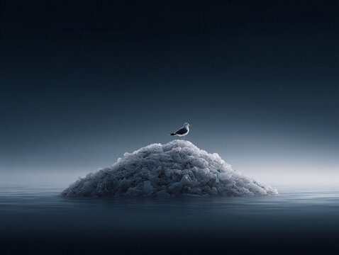 A lone seagull perched atop a mound of plastic waste in a tranquil sea. Evokes themes of environmental pollution, waste management, and the fragility of nature. Ideal for conservation campaigns. - Powered by Adobe