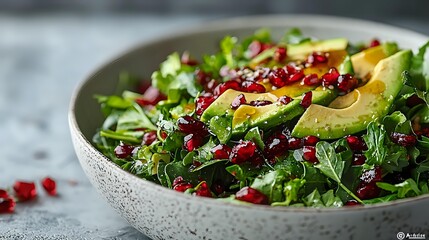 Fresh green salad with sliced avocado, pomegranate seeds and mixed lettuce leaves in white ceramic bowl on gray background, healthy vegetarian food.