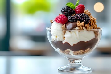 Layered chocolate dessert with vanilla ice cream, fresh raspberries and blackberries topped with crunchy granola in elegant glass bowl, soft bokeh background.
