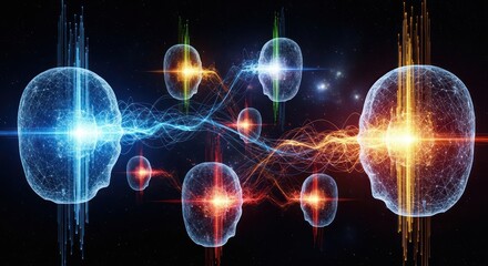 Conceptual visualization of interconnected minds with energy exchange in digital space