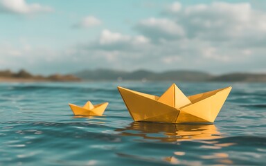 Paper Boats Floating on Water Symbolizing Dreams and Childhood Memories with Calm Sea and Sky Backdrop for Travel and Adventure Concepts