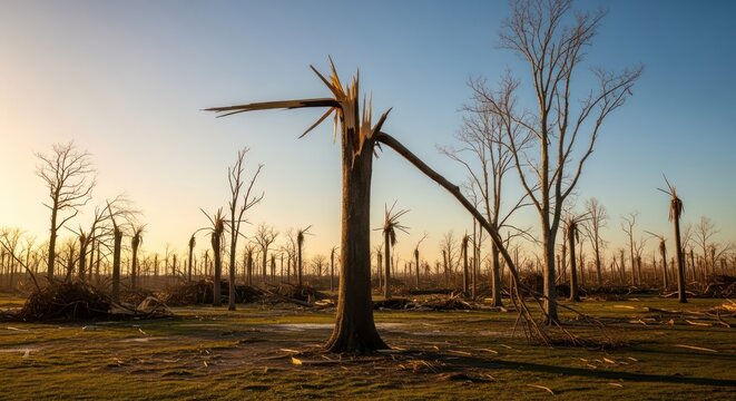Landscape of devastation featuring snapped and splintered trees after a natural disaster in a