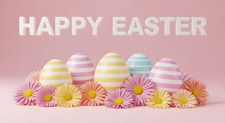 Happy easter message with colorful striped eggs and flowers on pink background