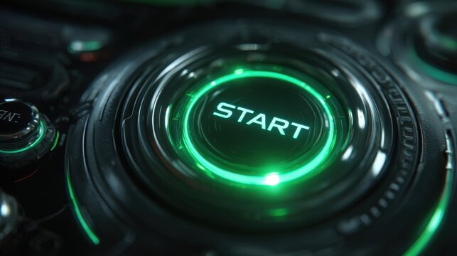 Action-packed start button for gaming experience digital realm graphic design futuristic environment close-up viewpoint
