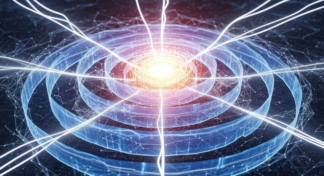Abstract rendering of a pulsating energy core with interconnected nodes and radiant energy lines