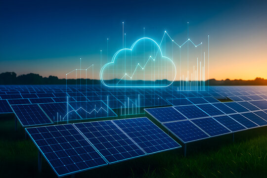 Solar Farm with Cloud Analytics Dashboard, Smart Energy IoT, Neon Blue at Sunset, Copy Space