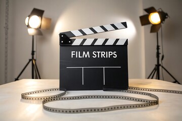 Hollywood movie production clapperboard and film reels illuminated by studio spotlights on a table with bright lighting