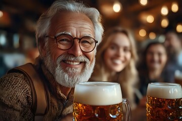Senior Caucasian man with gray beard and glasses enjoying beer at pub, holding large mug with foam while smiling. Blurred people in background.