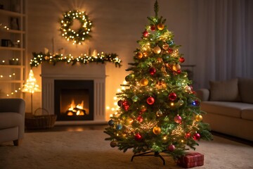 Cozy christmas living room scene with a decorated tree fireplace and festive lights creating a warm holiday atmosphere