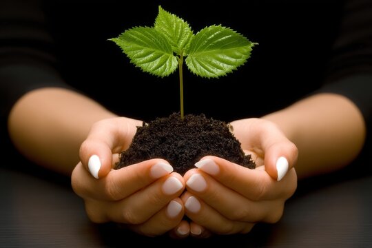 Hands hold a young plant in soil, symbolizing growth and environmental care during a reflective moment