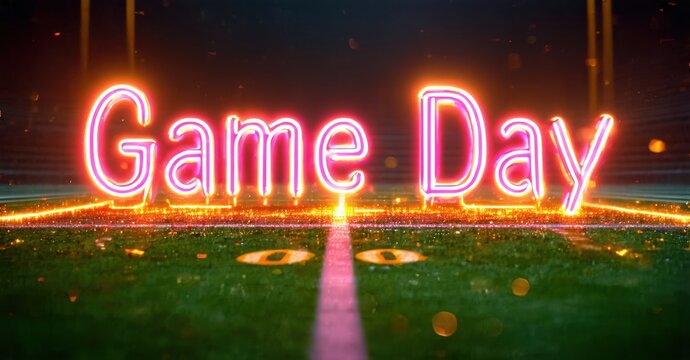 Bright Game Day text glows above football field. Lights illuminate green grass, creating vibrant scene. Excitement radiates.