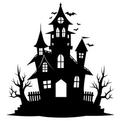 Spooky Black Silhouette of a Haunted House on a Hill with Bats