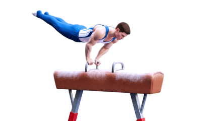dynamic gymnast on pommel horse 3d model of strength, balance, and athletic power, isolated on transparent background