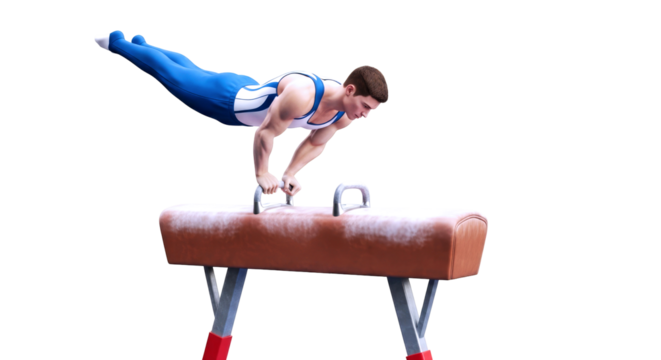 dynamic gymnast on pommel horse 3d model of strength, balance, and athletic power, isolated on transparent background