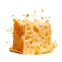 A cube of cheese, golden-yellow in color, is immersed in a dynamic splash of its melted form