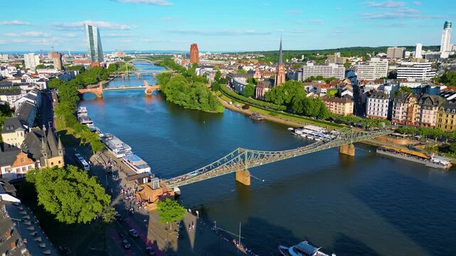 4K Drone Video of the Beautiful Churches, Buildings, Bridges and Tour Boats on the Main River in Downtown Frankfurt, Germany