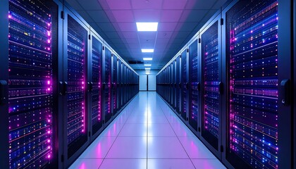 A long perspective of a server room with many racks of technological equipment and a brightly illuminated hallway with a sense of infinite space and data