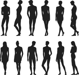 Stylized black human silhouette icon set featuring diverse standing poses for anatomy, fashion design, gesture drawing, and UI use
