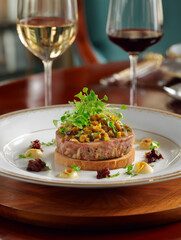 Gourmet veal tartare with microgreens and wine pairing in elegant setting