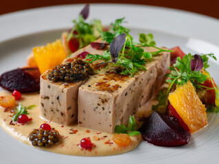 Exquisite foie gras terrine with black caviar and vibrant garnish