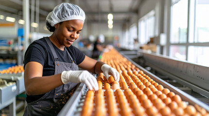 A factory worker inspects eggs on a production line, showcasing food processing and industrial efficiency. The worker is wearing gloves and a hair net