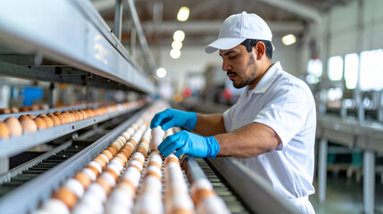 An employee meticulously inspects and handles eggs on a production line. The worker is focused and precise in their work, ensuring quality control in the food processing industry