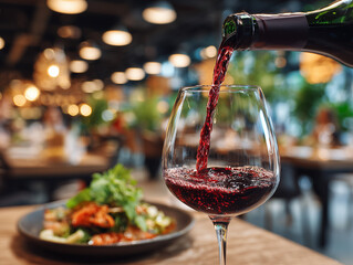 Waiter pouring red wine into glass in restaurant setting