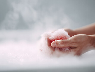 Fototapeta premium Closeup of hands holding a sponge with luxurious, foamy lather. Evokes relaxation, hygiene, selfcare. Ideal for wellness, beauty, or spa concepts. Soft, clean aesthetic.