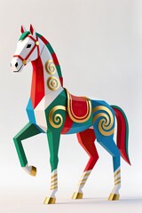 Obraz premium A surreal, simple 3d artwork of Stylized geometric horse with golden patterns and festive colors, modern Asian art, white background