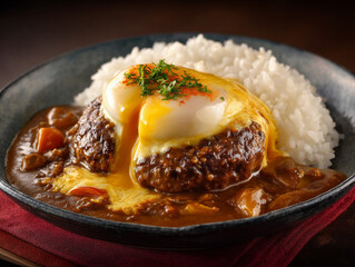 Indulging in japanese curry rice with hamburger steak and soft-boiled eggs
