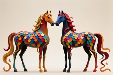 Obraz premium A surreal, simple 3d artwork of a Chinese New Year couple Horse, vibrant scales spilling outside edges with minimal design