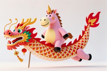 Fototapeta premium A surreal, simple 3d artwork of a Cartoon horse riding a dragon kite, playful New Year celebration, white base