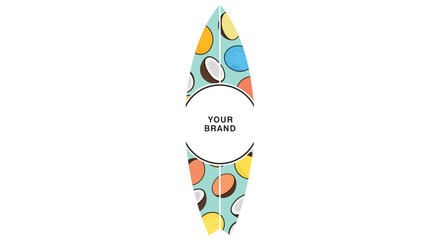 Colorful Surfboard Design with Playful Patterns Against White Background