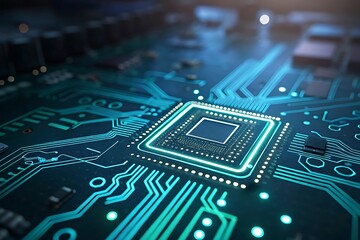 Futuristic electronic microchip circuit board glowing with blue and green digital technology and data flow abstract