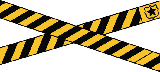 Yellow and black striped caution tape is crossed over a white background, with a badge symbol on one end.