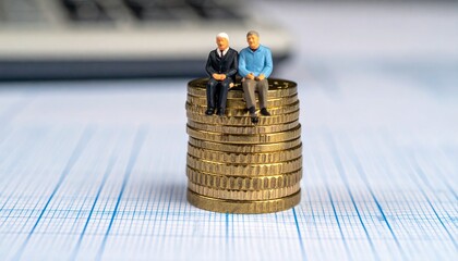 Conceptual image showing two miniature figures sitting atop a stack of gold coins, highlighting themes of finance and retirement planning