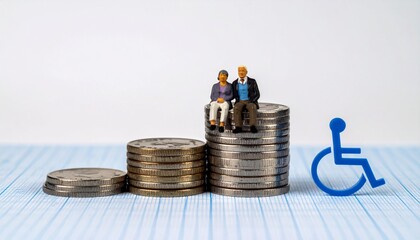 Coins stacked to represent financial security, retirement, and disability assistance concepts. There are miniature figures on top of coins
