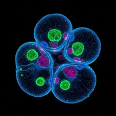 Vibrant fluorescence micrograph of dividing foraminifera

