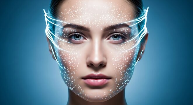 Close-up portrait of a woman with glowing digital data overlay on her face, symbolizing AI, facial recognition, and futuristic technology against a blue background.