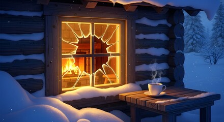 Cozy cabin window with a broken pane and a warm drink in the snow