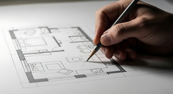 Hand drawing an architectural floor plan with a pencil, showcasing the intricate details of apartment layout and home design. Perfect for architecture, engineering, and real estate visuals.