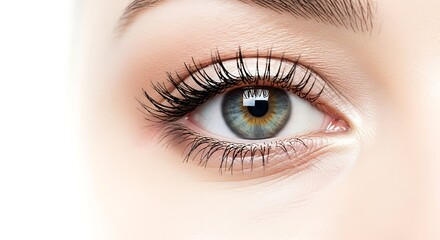 Obraz premium Stunning macro shot of a female eye showcasing vibrant blue-green iris and perfectly curled long eyelashes. Ideal for beauty, makeup, and health concepts.