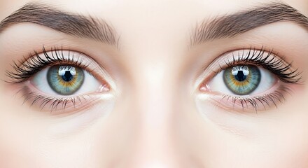 Fototapeta premium Stunning close-up of captivating blue-green eyes, adorned with long, elegant eyelashes and perfectly arched eyebrows, highlighting natural beauty and detailed human anatomy.