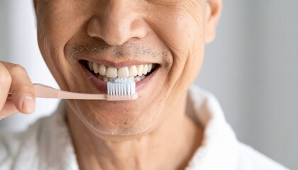 An older person brushing their teeth with a toothbrush, the focus is on his clean, healthy teeth