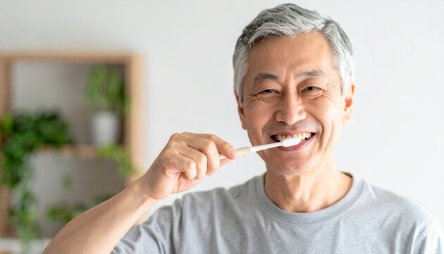 A senior man brushing his teeth, demonstrating good oral hygiene