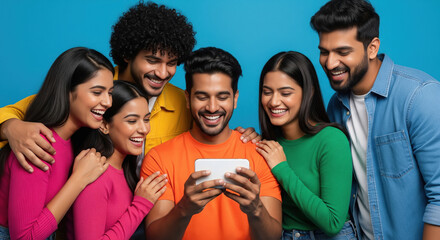 Fototapeta premium group of indian friends is gathered closely enjoying while looking on a smartphone in a casual