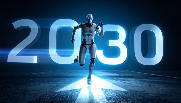 An AI robot running towards a brighter future in 2030. The image shows an artificial intelligence robot confidently moving forward towards an illuminated 2030 sign.