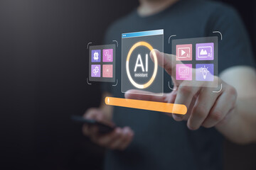 Man interacting with virtual AI assistant interface, symbolizing artificial intelligence, chatbot, automation, and smart digital technology for modern communication and productivity.