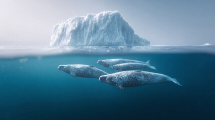 Fototapeta premium Serene underwater scene featuring seals swimming beneath a large iceberg. Evokes themes of nature, conservation, and arctic wildlife. Ideal for environmental campaigns.