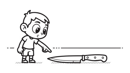 A curious cartoon boy points his finger towards a sharp kitchen knife lying on the ground, suggesting a moment of discovery or caution.